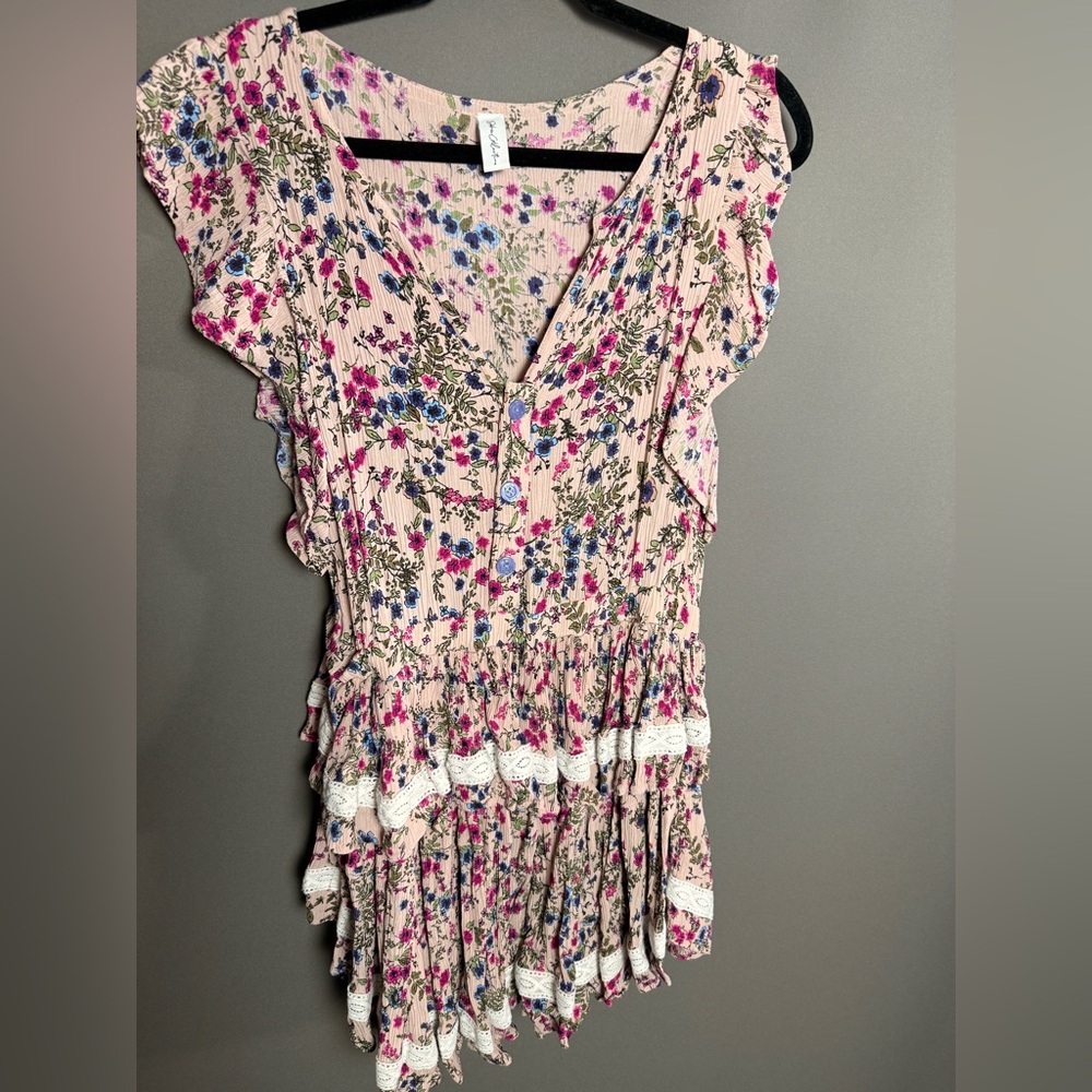 Floral Pink Mini Dress with Lace Trim